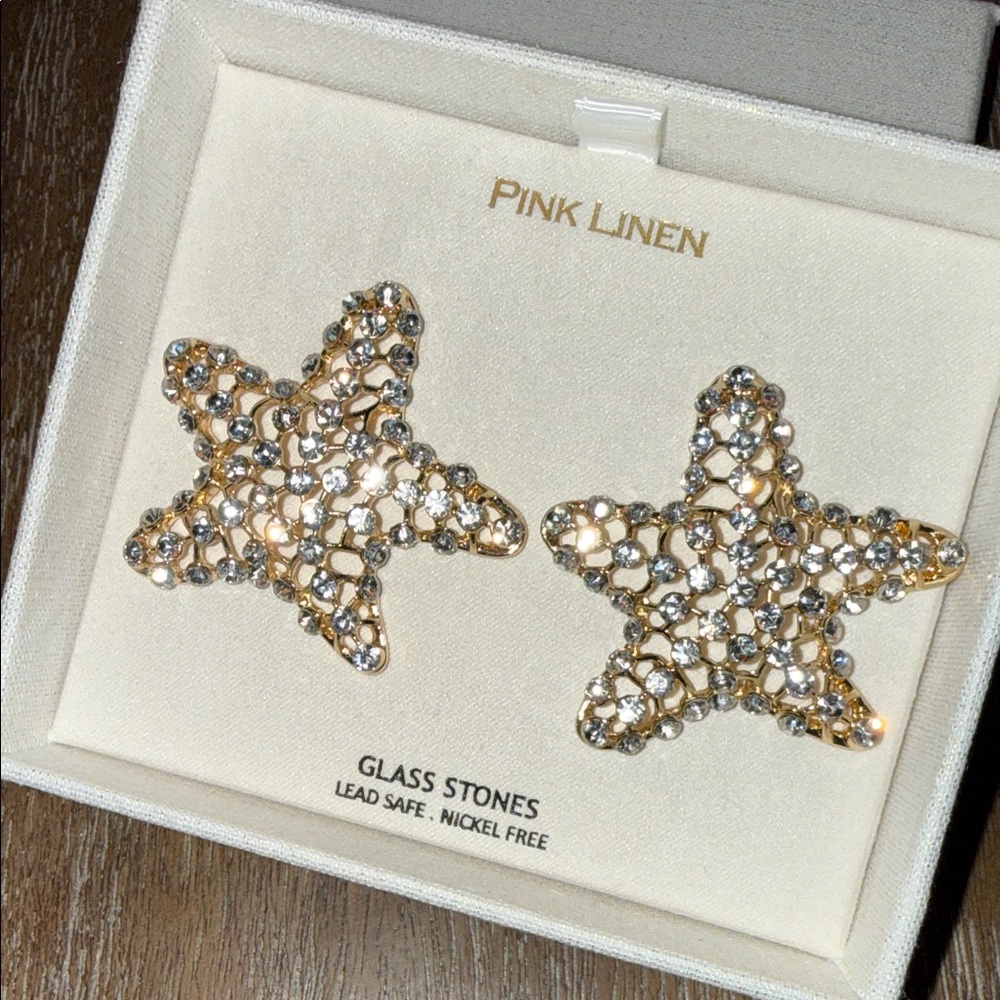 Pink Linen Gold Star Earrings